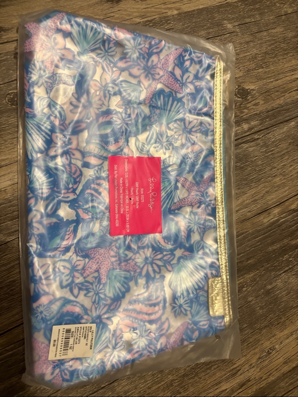 Lilly Pulitzer Blue & Pink Seashell Cosmetic Pouch with Gold Zipper